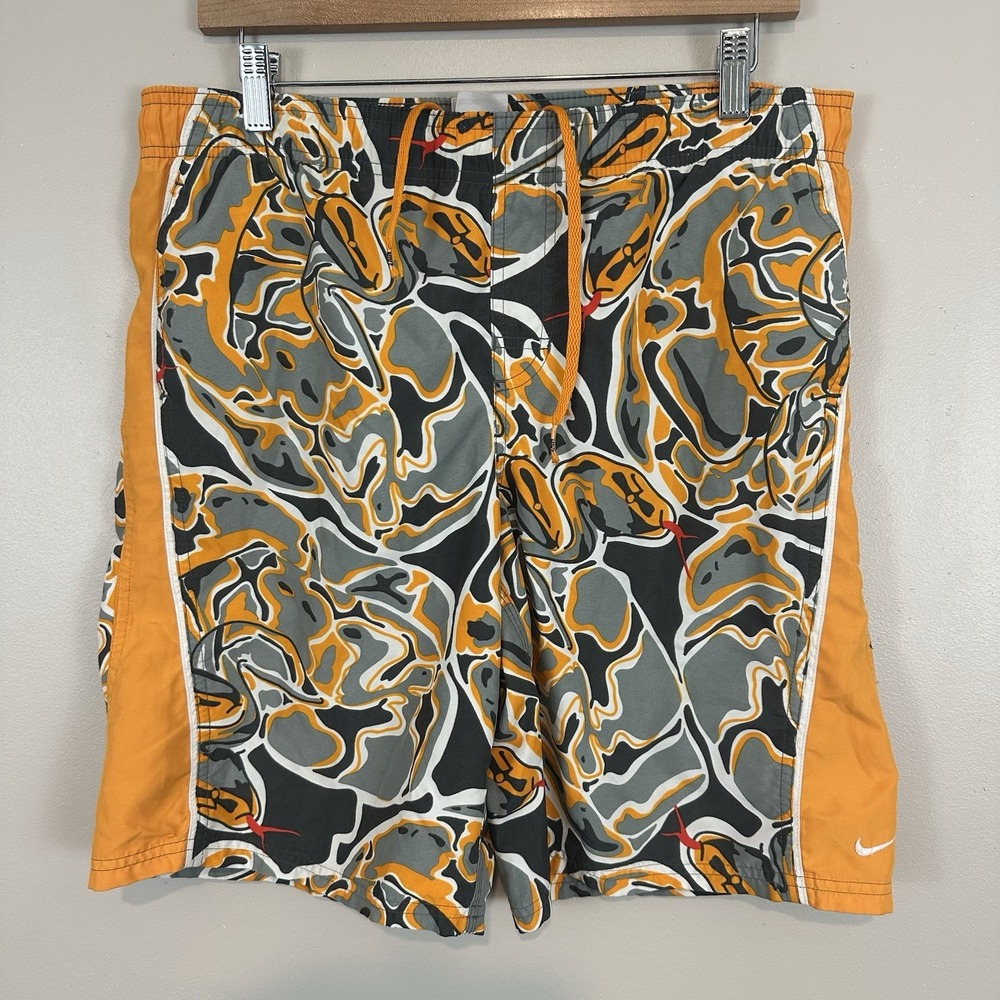 Nike VTG 90s Y2K Abstract Silver‎ Tag Orange Swirl Swim Trunks Mens M Read